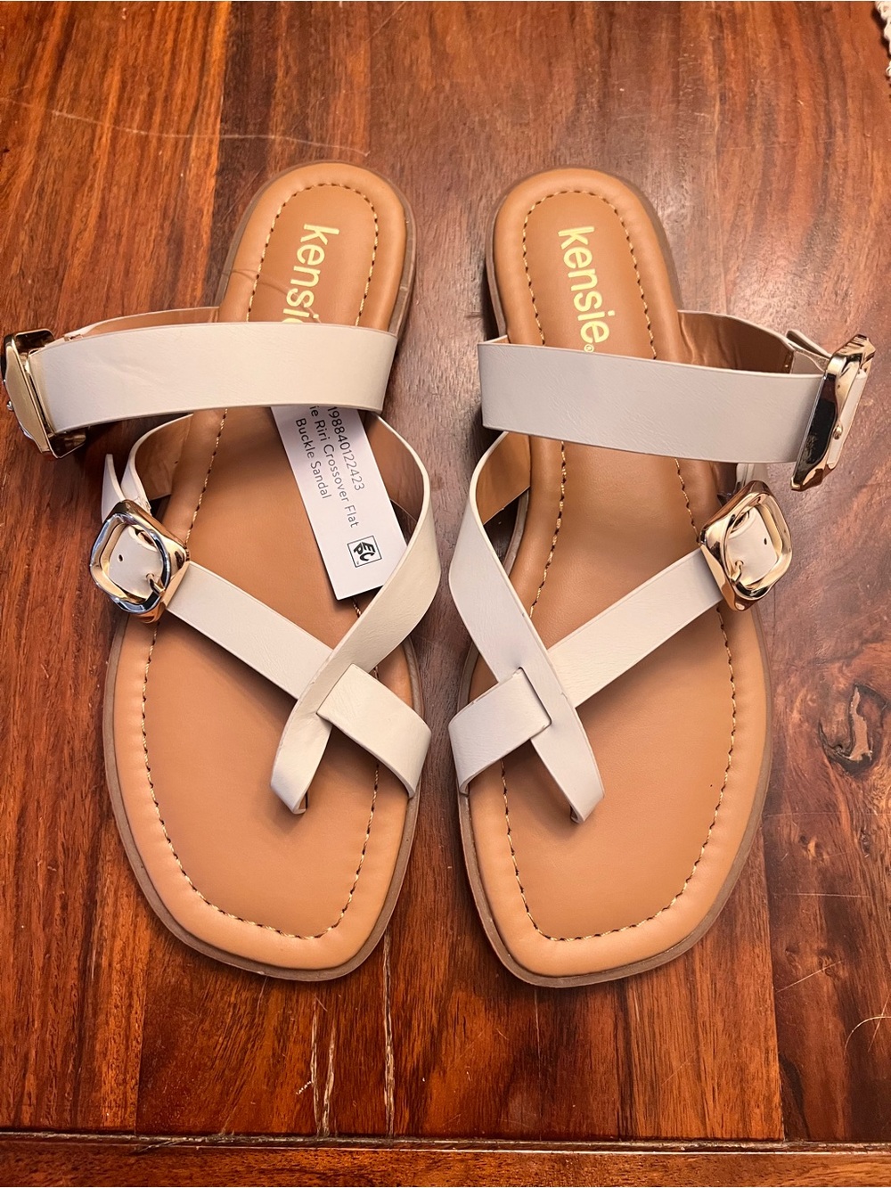 Kensie White Cross-Strap Sandal with Gold Buckles